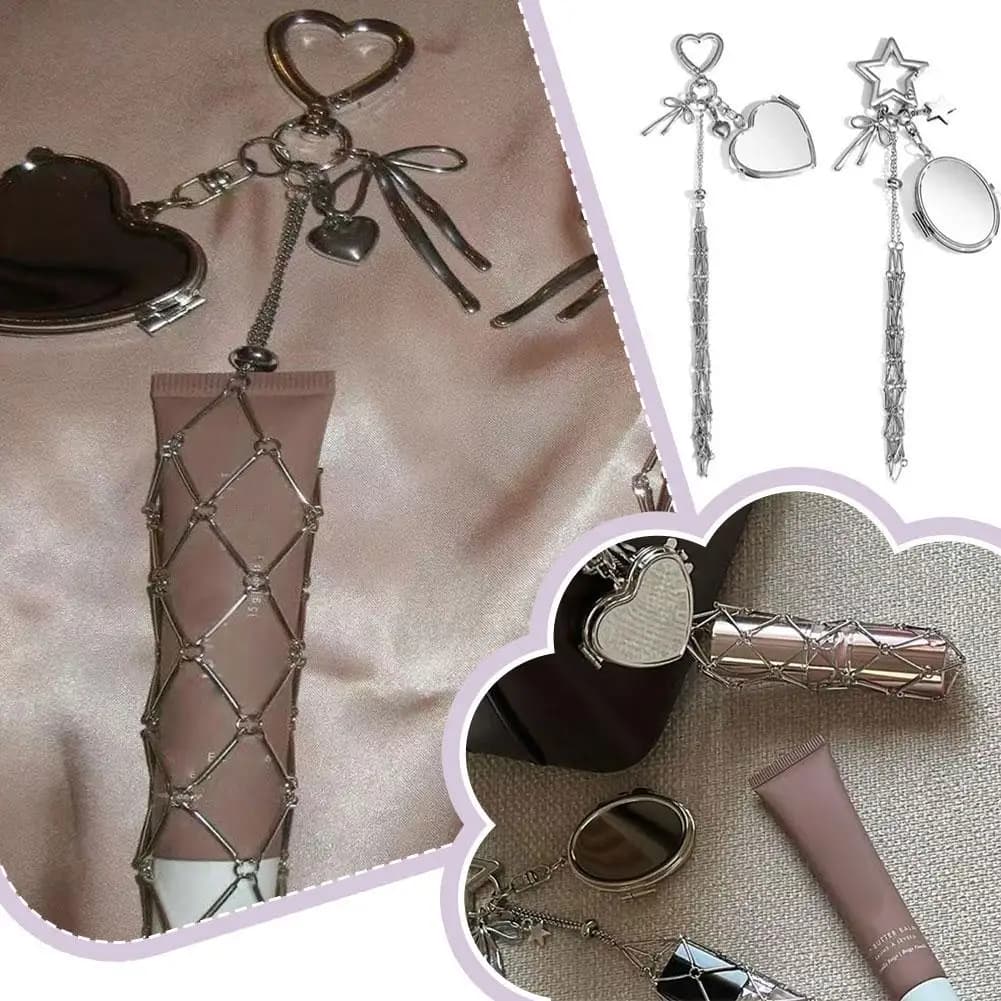 Borsa per rossetto portatile in rete metallica Portachiavi con custodia per balsamo per labbra mini specchio argento Portachiavi con copertura universale per rossetto