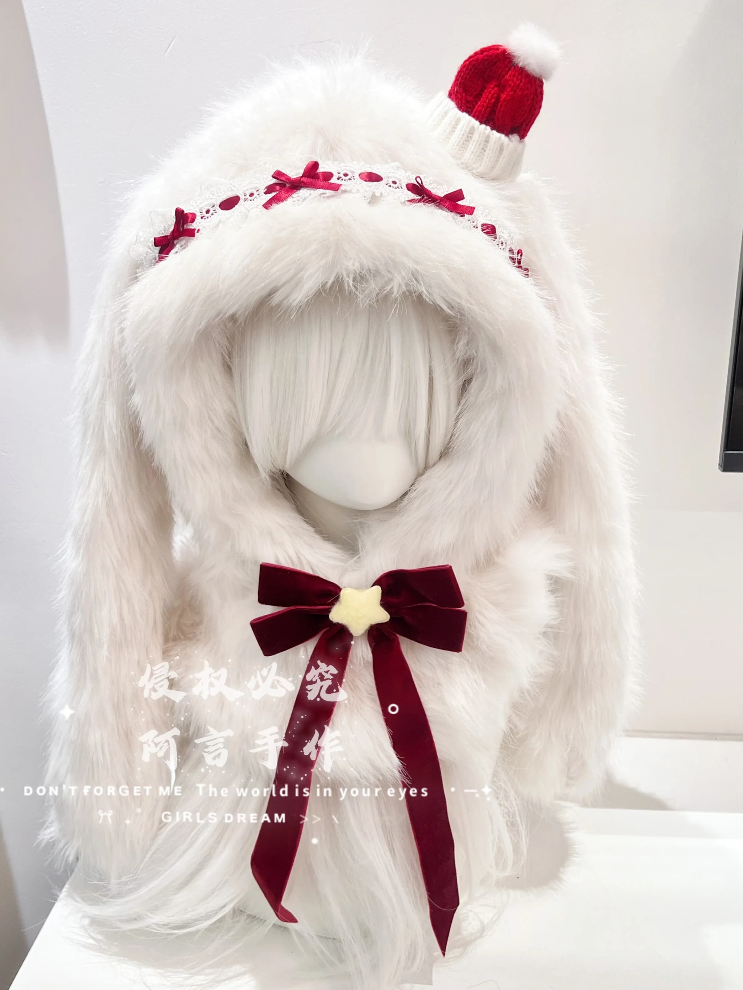 Esclusivo cappello fatto a mano con orecchie di coniglio, peluche, cappello invernale ispessito da donna, sciarpa, cappello natalizio freddo invernale integrato