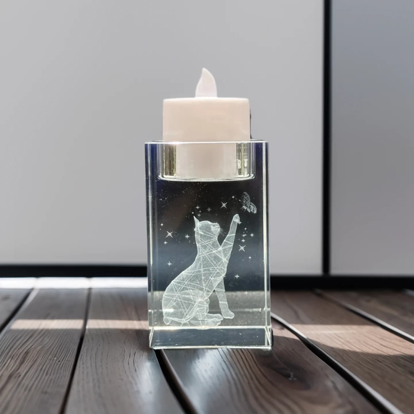 1 candeliere quadrato in vetro cristallo con farfalla incisa al laser 3D, Natale, laurea, souvenir del Ringraziamento - casa