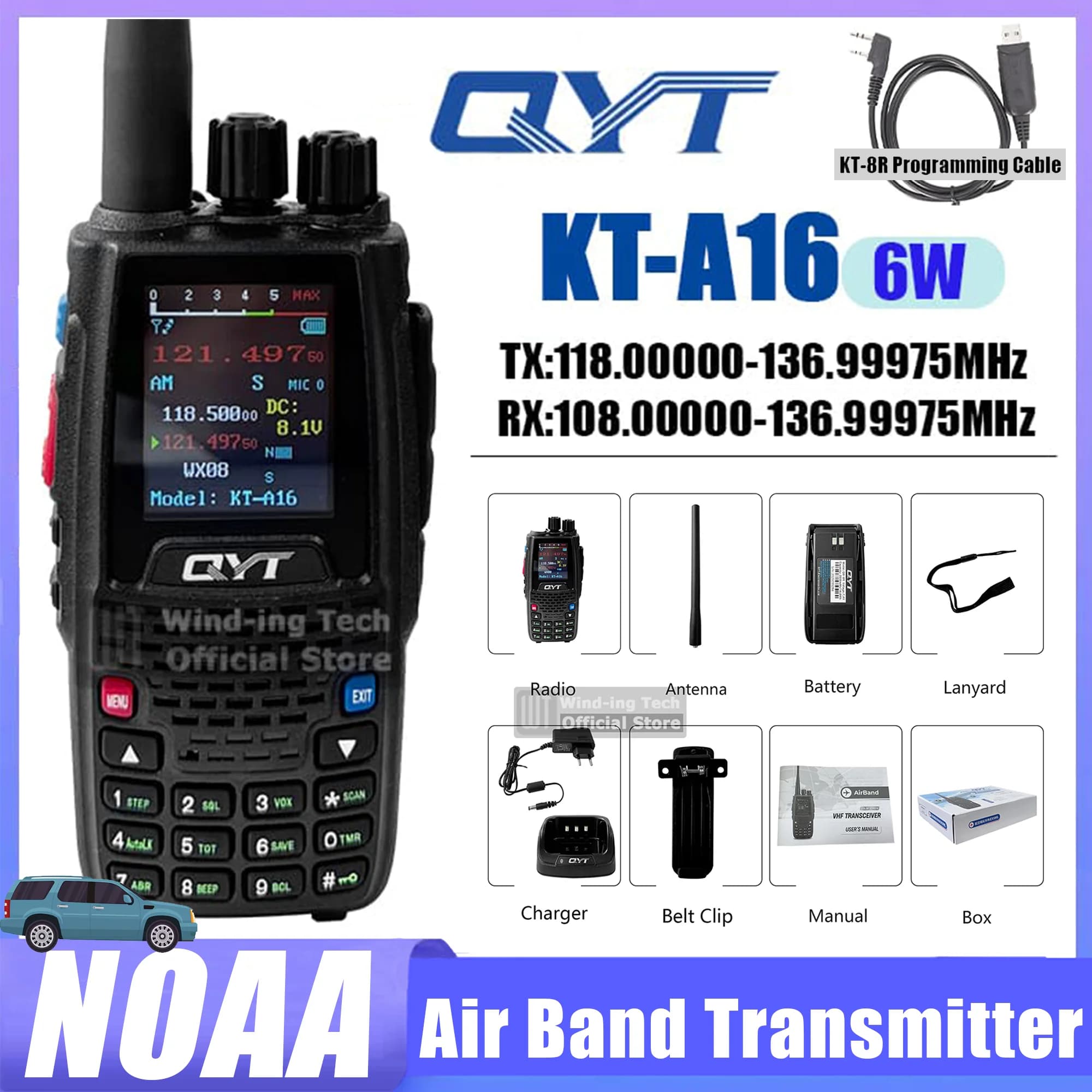 QYT KT-A16 Walkie Talkie 6W Trasmettitore banda aerea Ricetrasmettitore VHF 2000mAh NOAA AM Circuito supereterodina Radio portatile aeronautica
