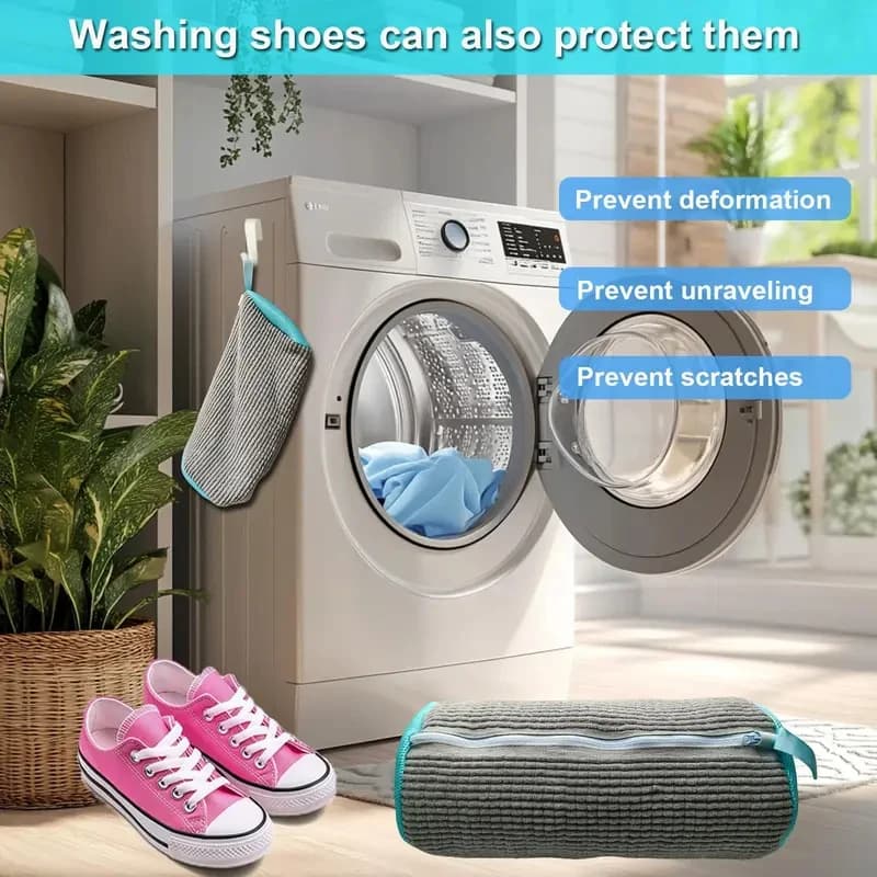 4 universal bags for washing shoes, yellow and blue, with zipper, to protect sneakers and casual shoes.