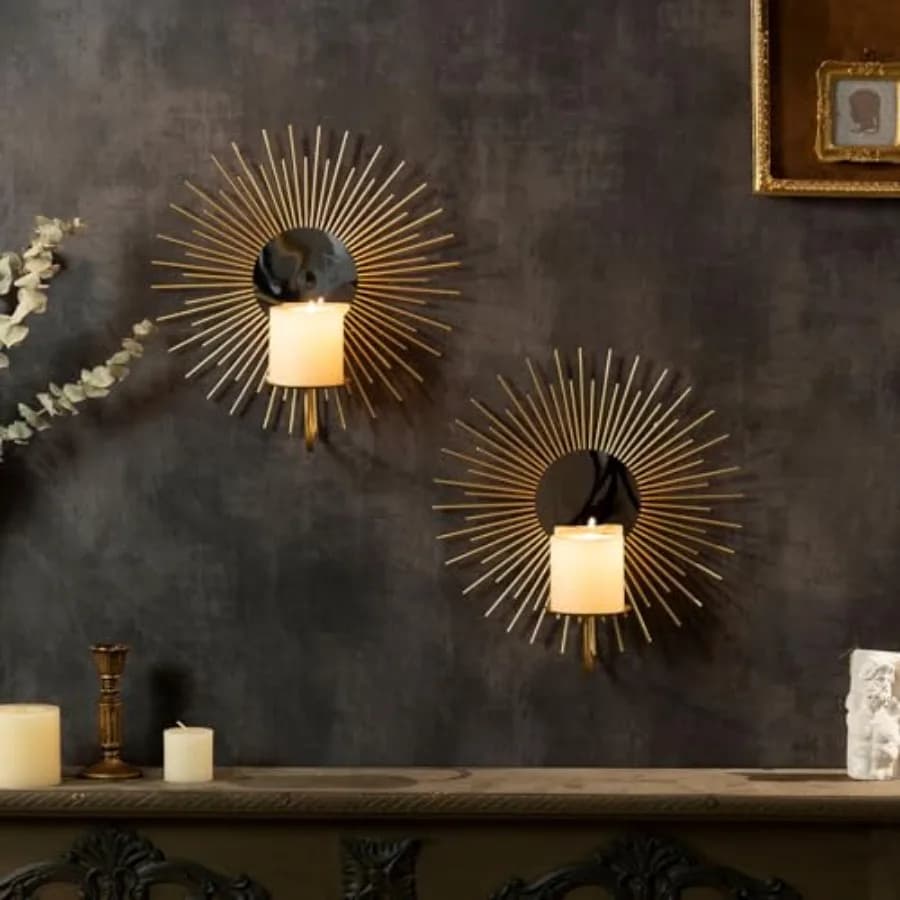 Set di 2 Portacandele da Parete in Metallo con Specchio, per Soggiorno, Sala da Pranzo, Stile Rustico e Boho