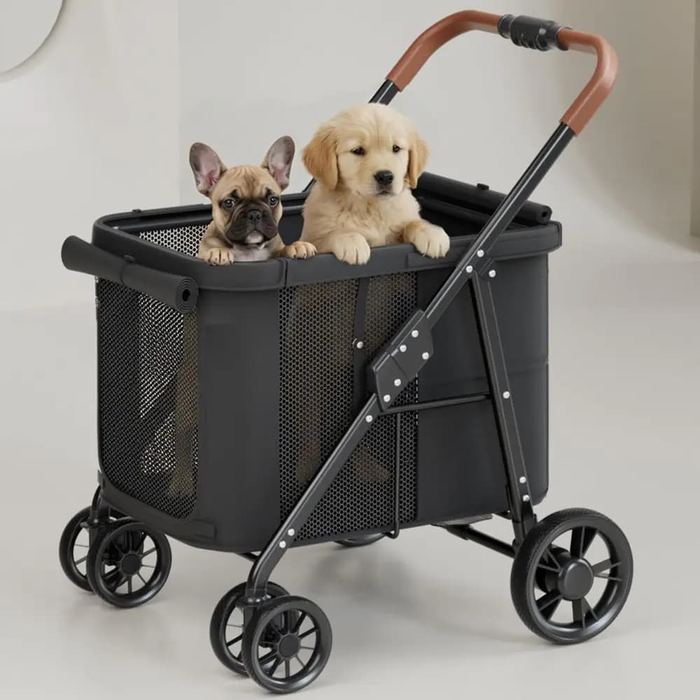 Passeggino per animali domestici resistente per cani di taglia grande e media, adatto per 2 cani di piccola taglia fino a 36 kg, per tutti i terreni, traspirante, nero