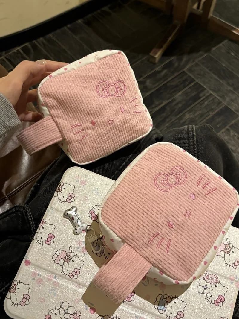 Cute Pink Heart Print Cosmetic Bag, Corduroy Toiletry Wash Bag for Women Travel