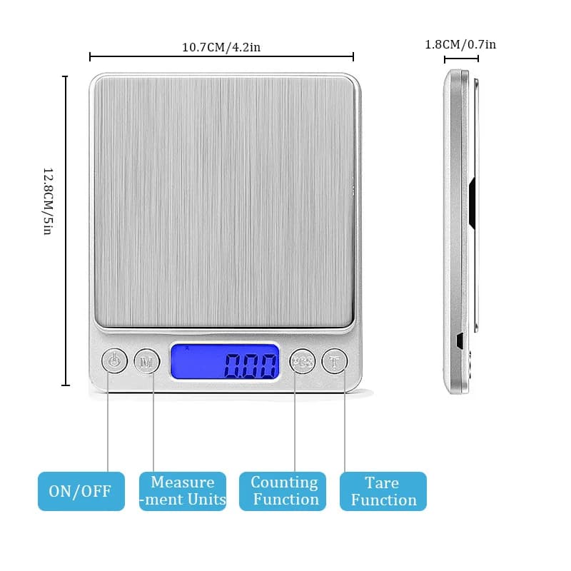 Digital pocket balance Electronic balance 3 kg 0.1 g / 500 g 0.01 g Jewellery balance Kitchen scale for food Silver with 2 trays