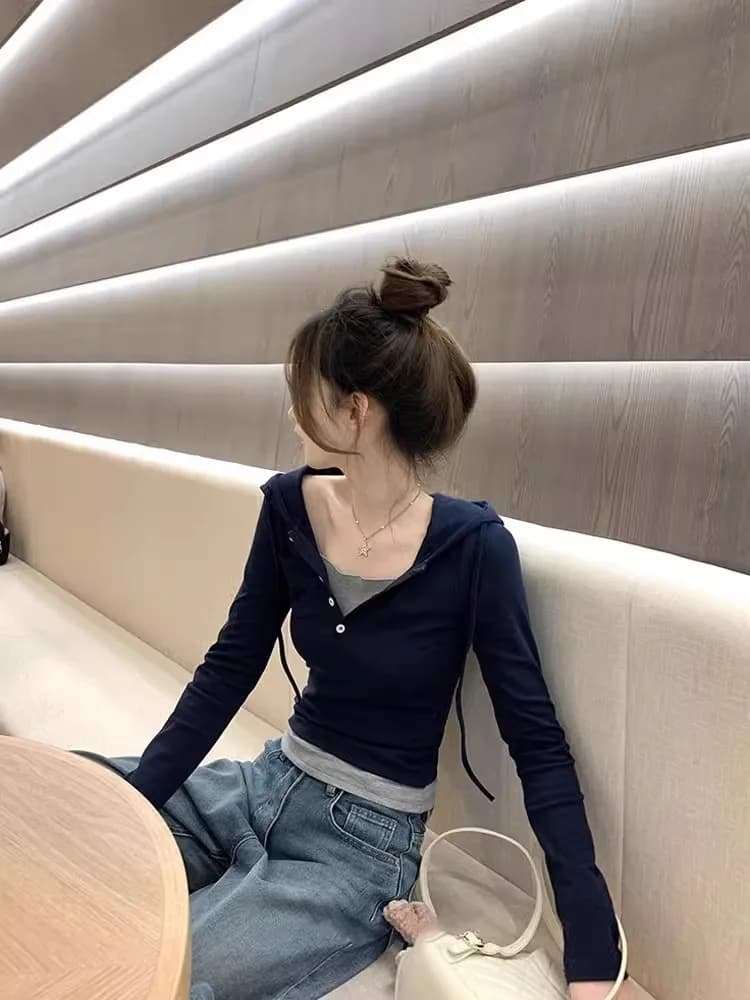 Women's Long Sleeve Hoodie T-Shirt Patchwork Base Shirt Outerwear Spring Autumn Winter Fashionable Korean Style Slim Fit