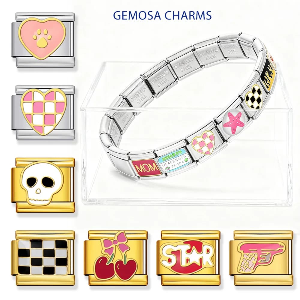 GEMOSA 9mm Color Gold Charm Link Stainless Steel Classic Skull Toy Star Navy Cube Rubik Jewelry Creation Italian Bracelet DIY