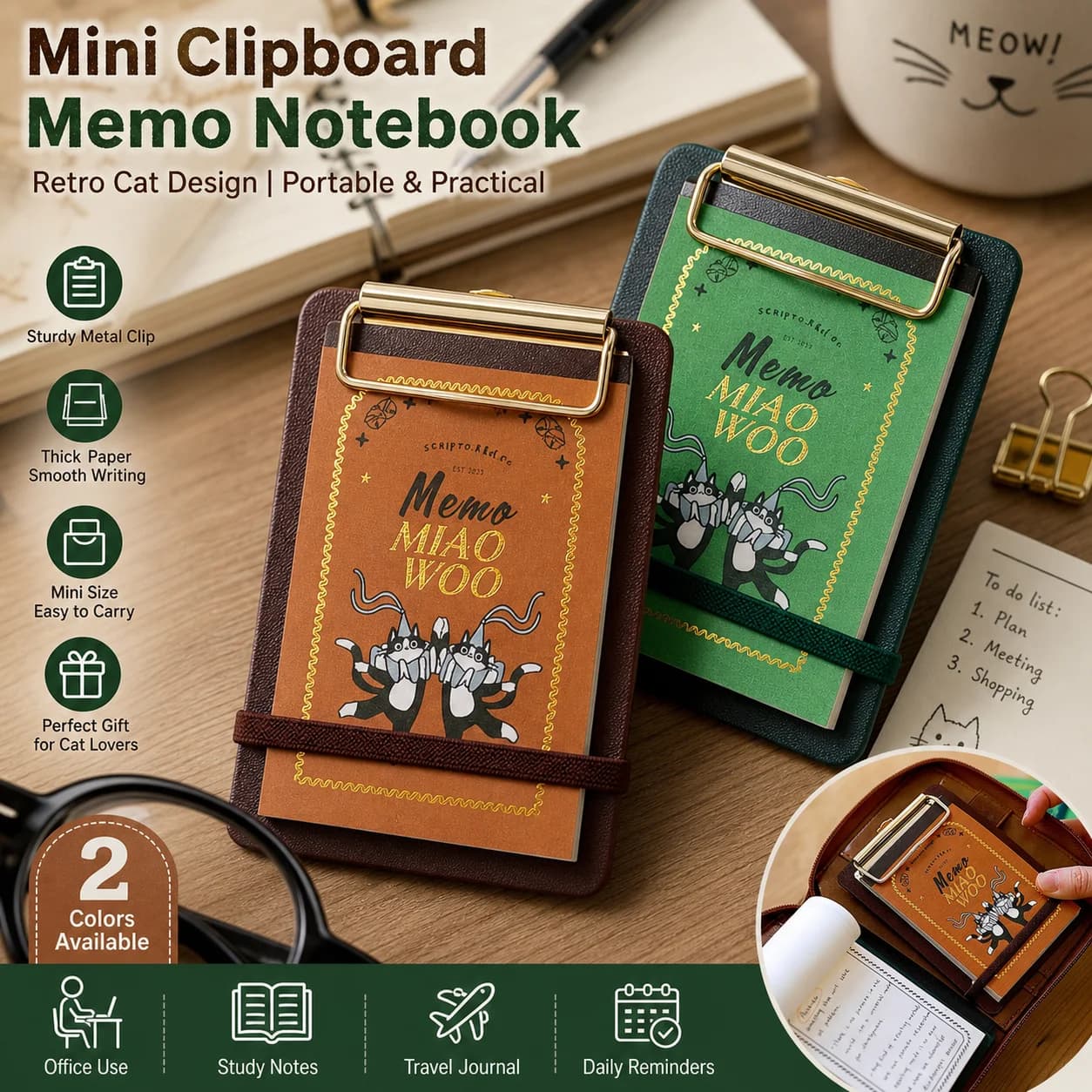 Vintage Cat Mini Clipboard Notebook PU Leather Gold Foil Portable Pocket Memo Pad with Elastic Strap for Journaling Hand Account