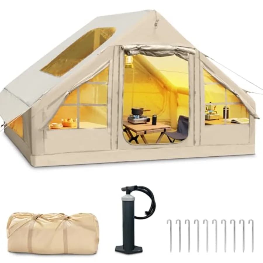 Tenda da Campeggio Gonfiabile con Lucernario, Montaggio in Tre Minuti, per 6 Persone, Impermeabile, con Zanzariere e Finestra per Stufa