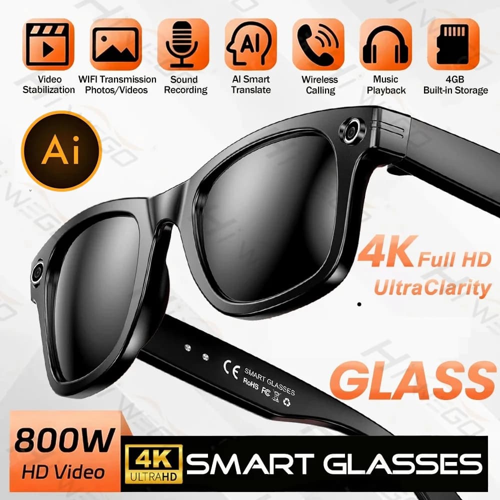 Occhiali Smart AI 2026 800W 4K UHD con Fotocamera, Registrazione Video, Riconoscimento Foto, Traduzione Vocale AI, Batteria 270mAh, Bluetooth