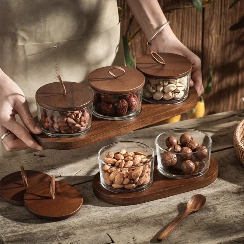 Piatto in Vetro per Frutta Secca, Bottiglia Giapponese in Vetro con Coperchio in Legno, Vassoio Compartimentato per Snack e Frutta Secca, Vassoio per Snack Domestico