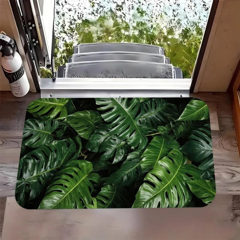 Tappetino di benvenuto con foglie verdi 2D, tappetino tropicale con foglie di Monstera, adatto per cucina, soggiorno, interni, esterni, ingresso, decorazione della casa