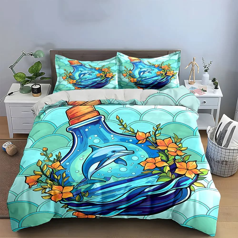 Set Decorativo Floreale con Motivo Delfino, Set di Biancheria da Letto con 1 Copripiumino e 2 Federe, Singolo, Matrimoniale, King, Queen, Idea Regalo