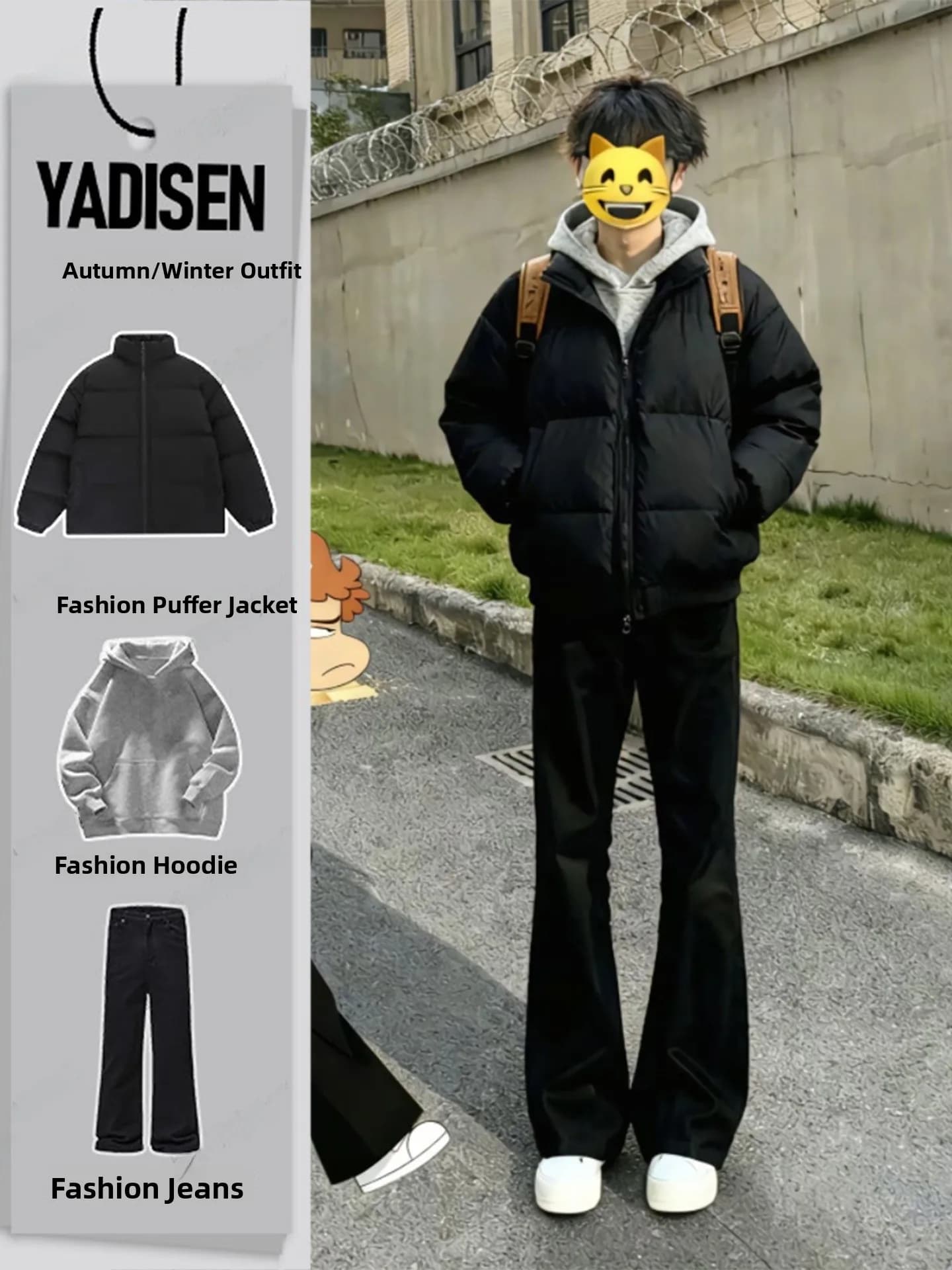 Men's Winter Set Cleanfit Bla with Cotton Jacket Padded to High Collar and Jeans for Teenagers, Fashion Ensemble