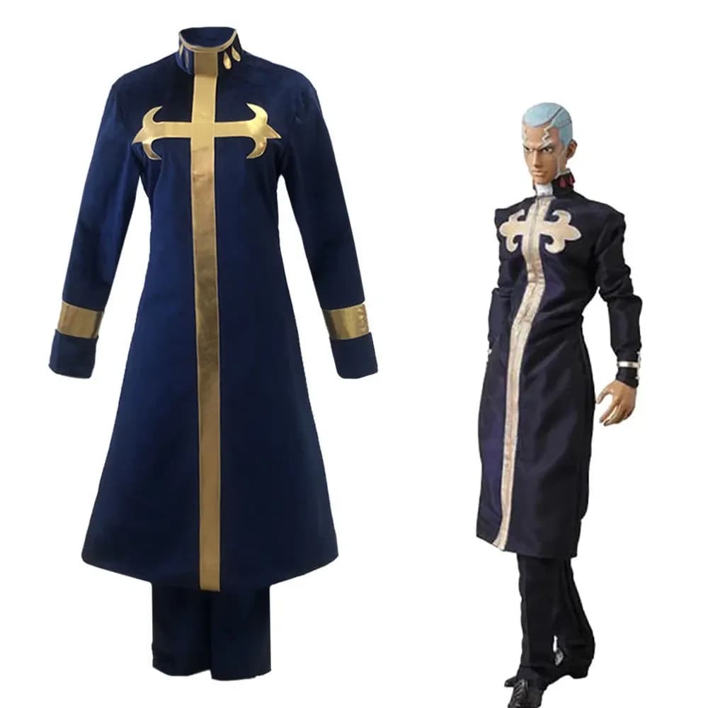 Velvet Clergy Men Role Play Costume Long Stand Collar Cross Robe Gold Belt Pants Full Outfit Carnival Masquerade Stage Wear
