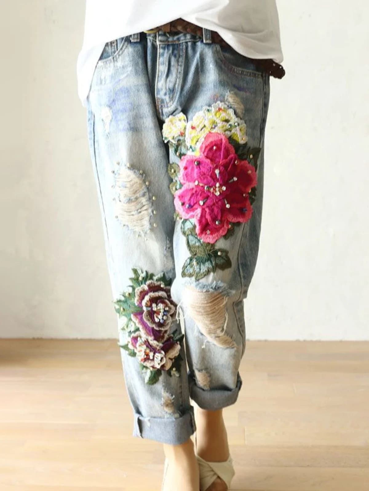 Women's Fashion Jeans, Denim Casual Summer Pants with Floral Embroidery, Elegant New Harem Pants Wide for Ladies