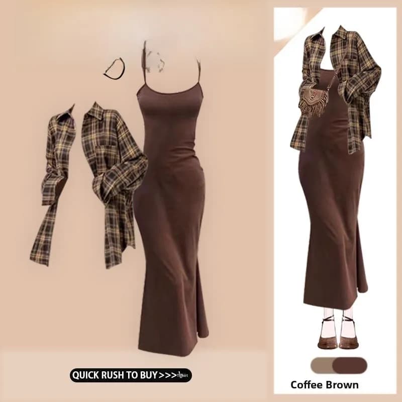 Early Autumn American Retro Plaid Loose Women's Shirt Jacket Wrap around Skirt Two Piece Set Light Maturity Style Fish Tail D...