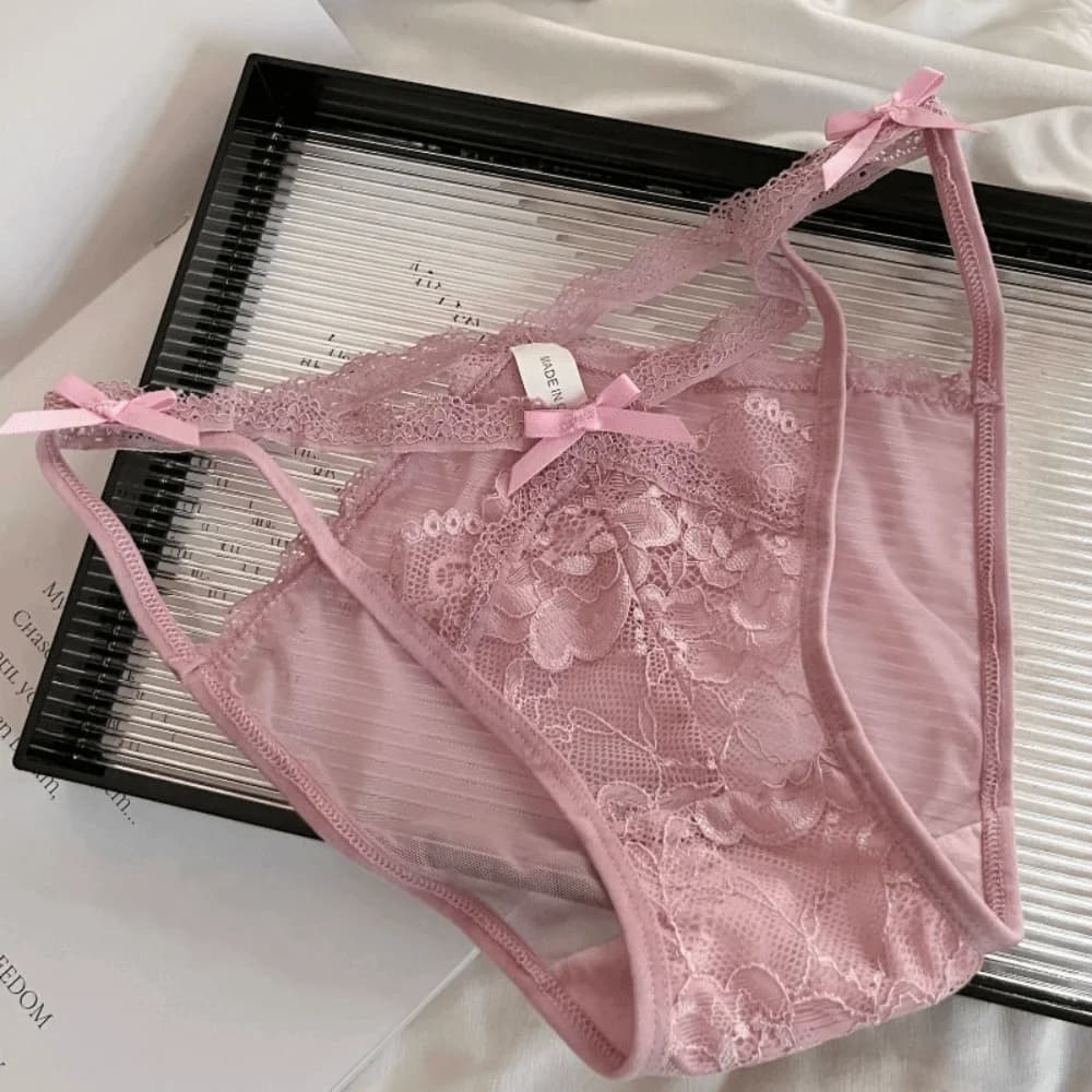 Patchwork Bow Lace Flower Panties Transparent Seamless Lace Mesh Briefs Mid Waist Hollow Women Underwear Gifts