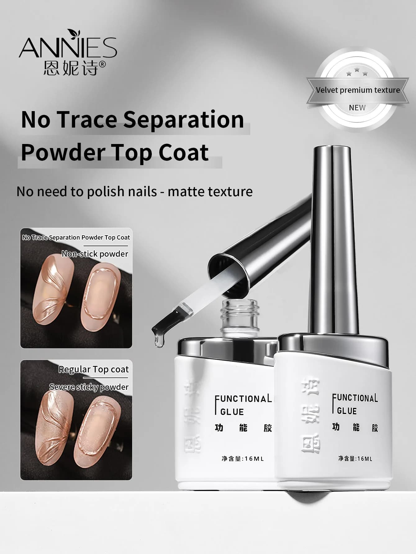Top Coat Gel Opaco 2-in-1 da 16ml per Smalto Gel, Finitura Opaca Resistente alla Polvere per Dettagli e Pittura con Polvere Cromata