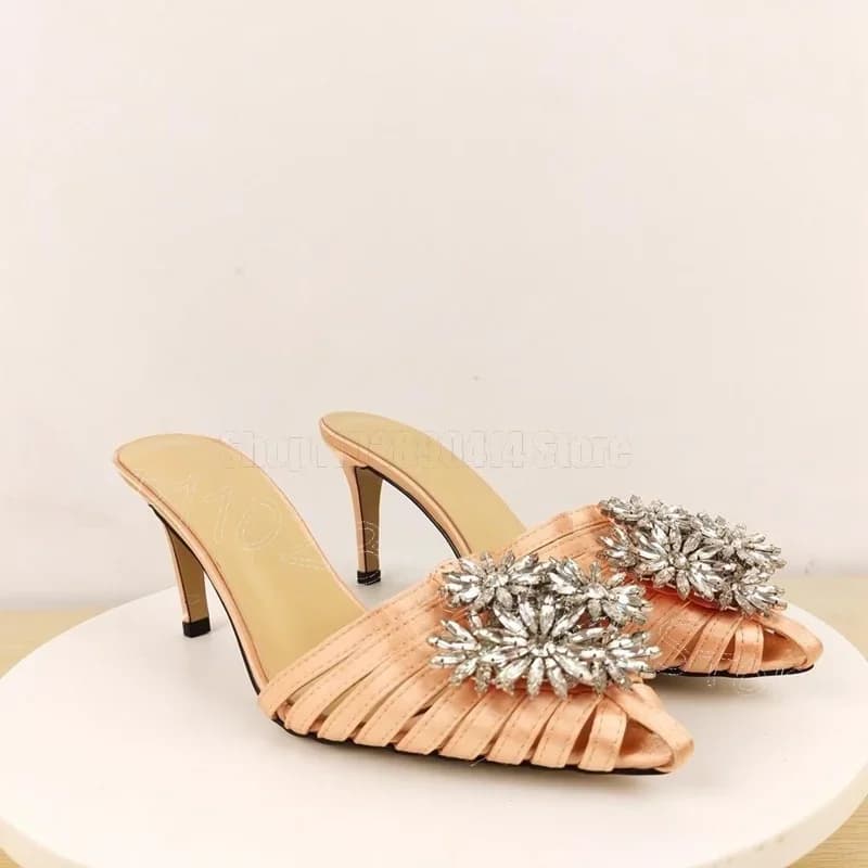Scarpe da Donna con Tacco Alto Sottile, Design Floreale in Cristallo, Punta Affusolata, Slip-On, Nuove per Feste e Banchetti 2025