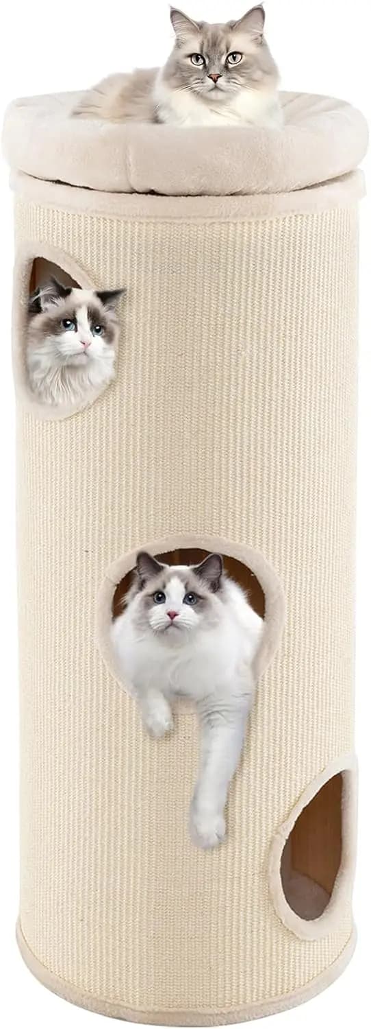 Cuccia per Gatti da Interno in Legno e Sisal, Tiragraffi Staccabile, 3 Rifugi, Letto Morbido Rimovibile con Copertura in Peluche