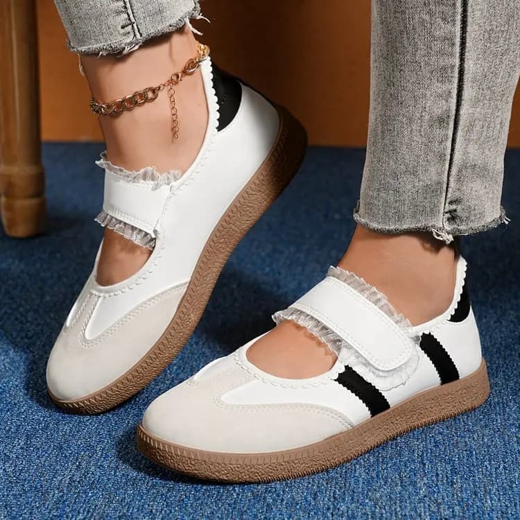 Women Sweet Lace‑Trim Vintage Mary‑Jane Sneakers Adjustable Velcro Strap Gum Rubber Flat Sole Lightweight Daily Walking Trainers