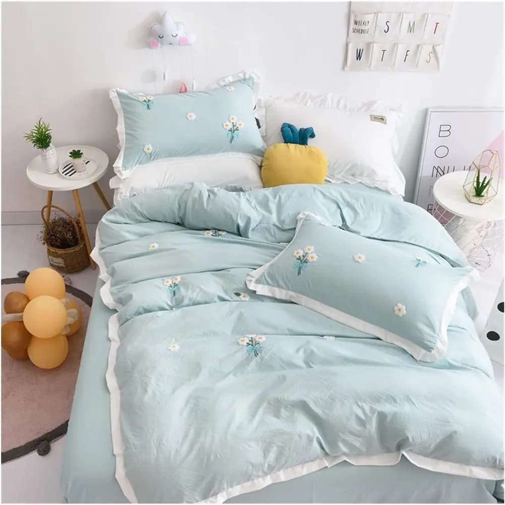 Set Lenzuola Matrimoniale/King Size/Twin in Cotone Lavato 100% - 4 Pezzi - Set Copripiumino/Coperta Stile Principesco per la Cura della Pelle