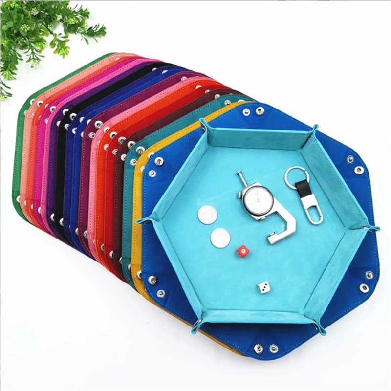 Vassoio per dadi esagonale in PU, scatola di immagazzinaggio varia, scatola dei colori, accessori per vassoio di dadi per giochi da tavolo, torre di dadi in pelle, frutta secca