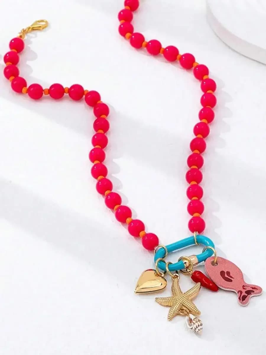 Collana Artigianale Stile Spiaggia con Perline e Ciondoli a Forma di Pesce, Stella Marina, Cuore e Conchiglia per Donna