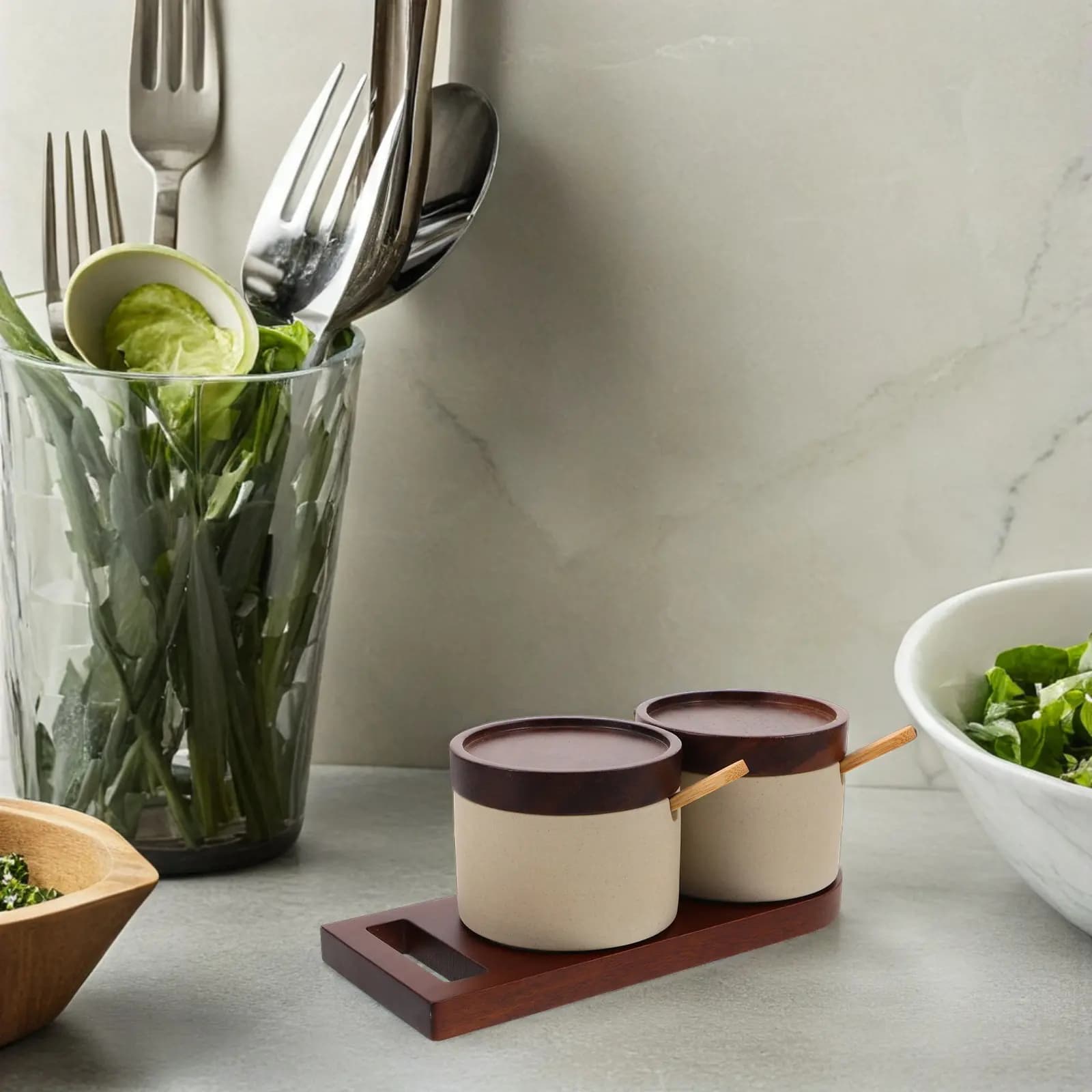 Ceramic Spice Jars Set Japanese Porcelain Seasoning Containers with Wooden Lids for Salt Sugar Pepper