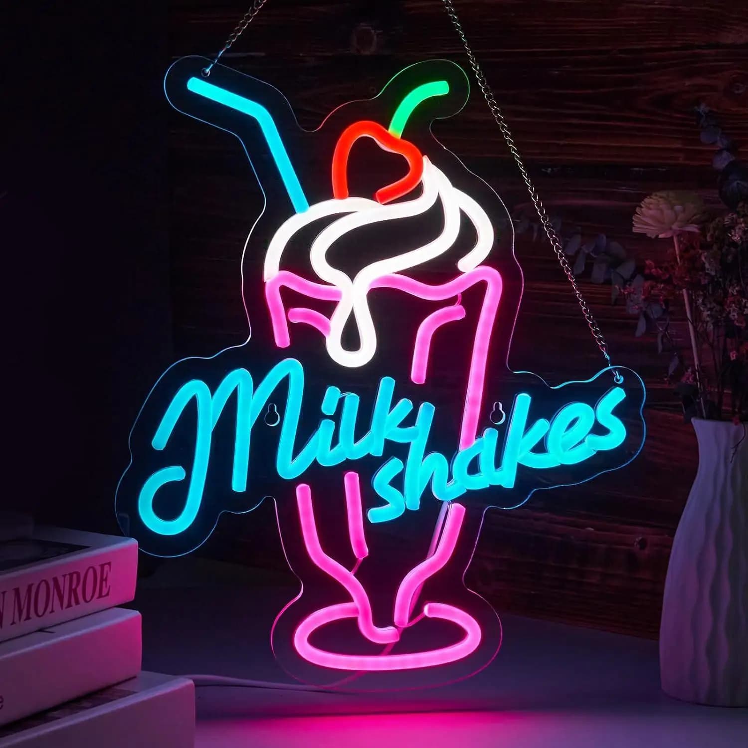 Milk Shakes Neon Sign USB Dimmable LED Neon Light for Cafe Dessert Shop Milk Tea Store Food Themed Neon Wall Art Decoration