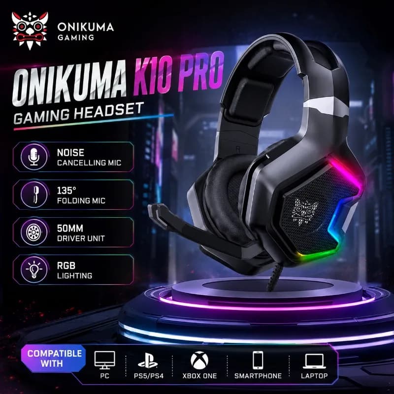 ONIKUMA K10 Pro Gaming Headset Wired Stereo Headphones Noise Cancelling Mic 3.5mm RGB Backlight Over Ear For PC PS5 PS4 Xbox