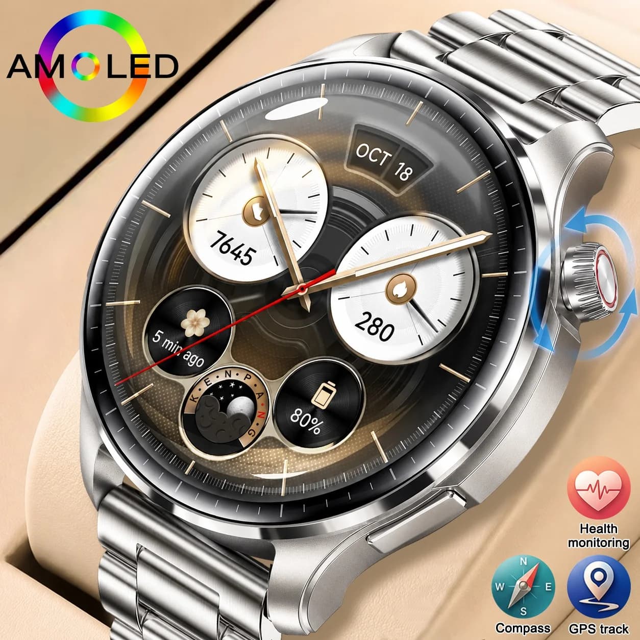 2026 New Sapphire Smart Watch Men Ultra HD AMOLED Screen GPS Bluetooth Call NFC Compass IP68 Business Fitness Smart Bracelet iOS