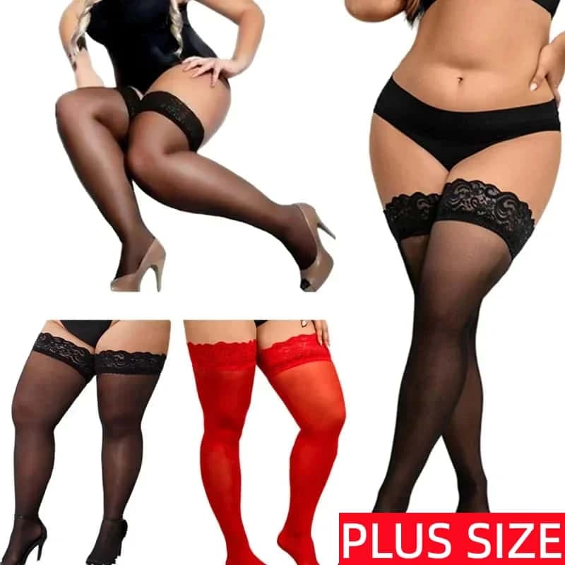 FREEAUCE Plus Calze a rete elastiche di grandi dimensioni in pizzo nero Calze lunghe sexy a rete alta sopra il ginocchio per donne oversize 3XXL