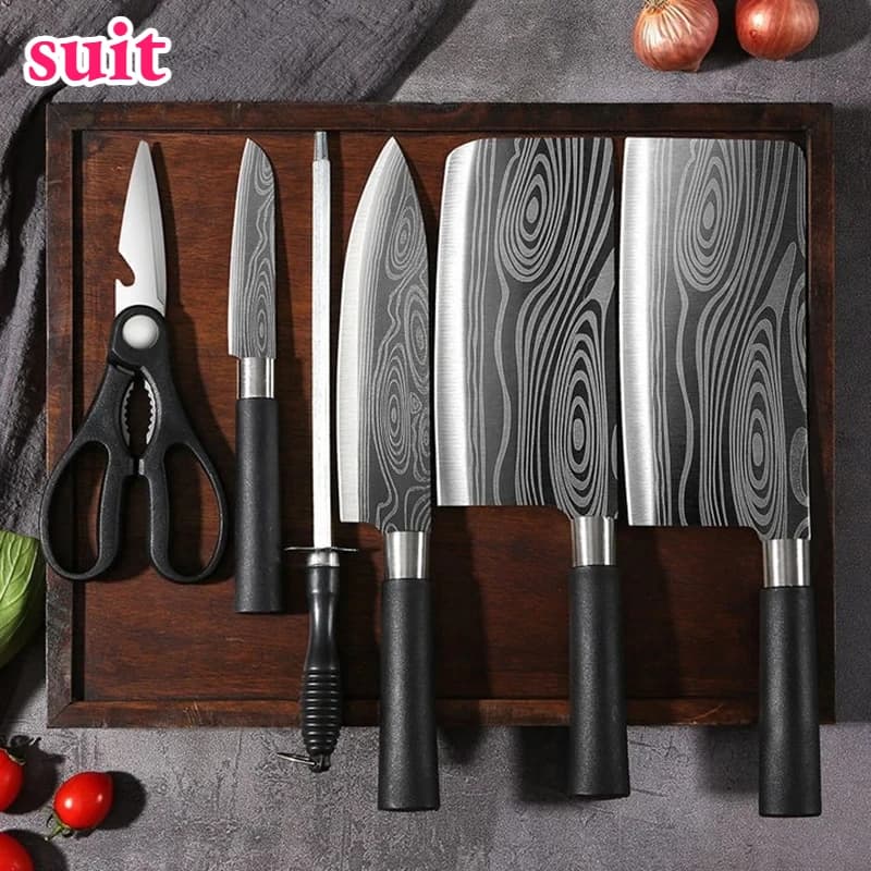 Kitchen Knives Scissors Sharpening Rod Set Laser Damascus Pattern Utility Stainless Steel Sharp Slicing Chef Knife Cooking Tool