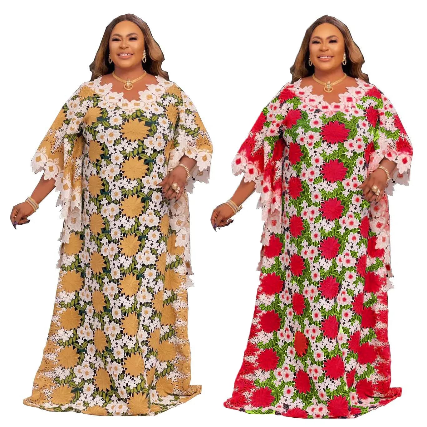 African Dashiki Free Size Lace Abaya Kaftan For Women Elegant Stylish Loose Cover-up Robe Maxi Dresses Come With Inner And Scarf