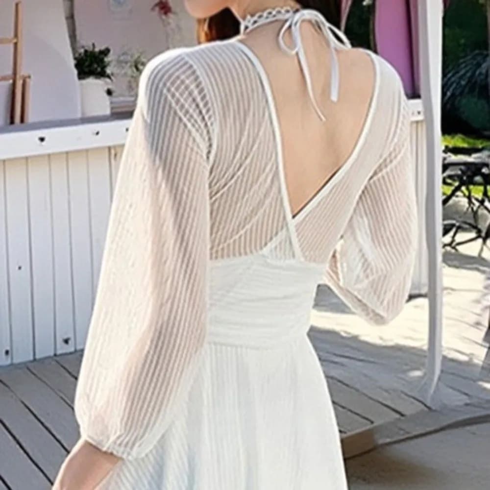 Transparent Long Sleeve Skirt Swimsuit Backless V-neck Lace-up Skirt Bathing Suit Hanging Neck Slim Fit Beachwear Clothing