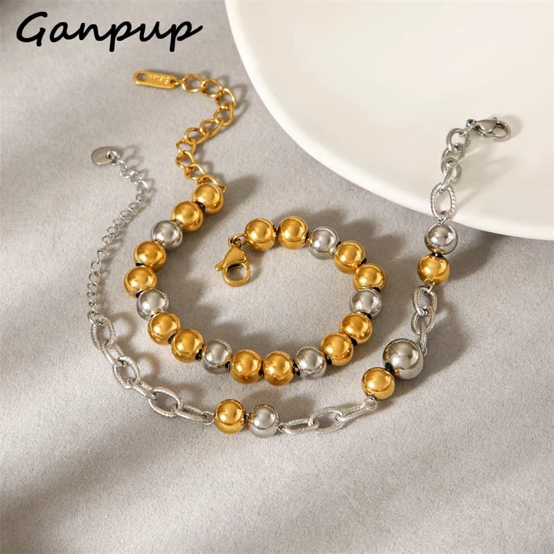 Bracciale GANPUP in Acciaio Inox 316L con Perline Metalliche, Braccialetto Trendy per Donne, Gioiello da Polso, Regalo, Bijoux Femme