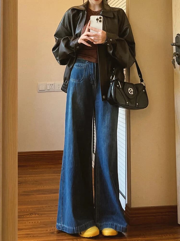 American Retro High Waist Wide Leg Jeans Women's Autumn Winter New Loose Slimming Drapey Straight Tube Floor-Length Pants