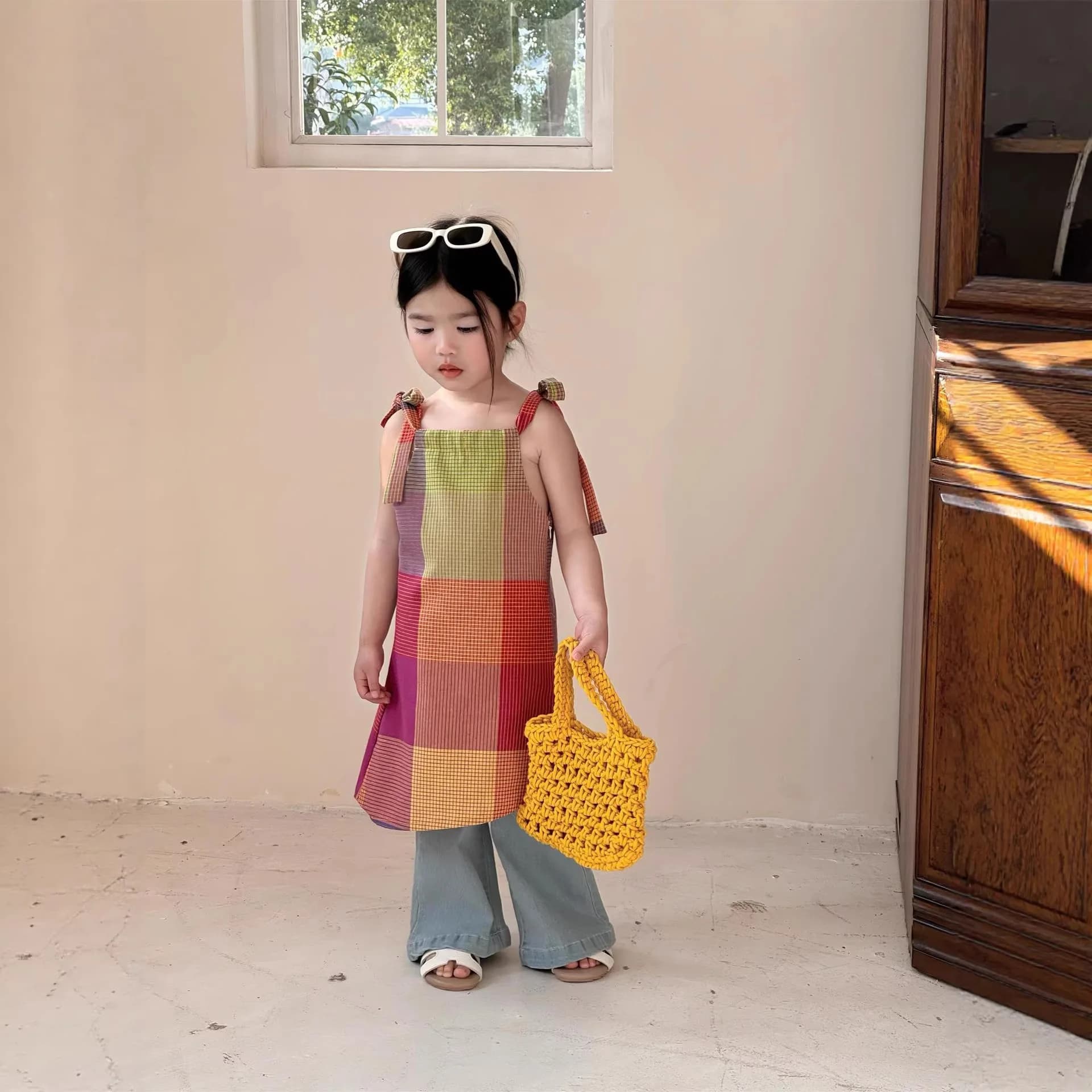 2026 Gonna estiva da ragazza con bretelle a pendolo scozzese color dopamina 2026