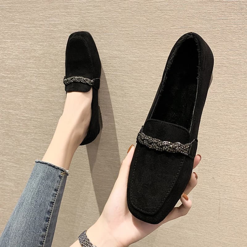 Mocassini da donna autunno inverno Scarpe da barca con tacco basso Scarpe eleganti con punta quadrata Scarpe con tacco basso da donna in finta pelle scamosciata a catena