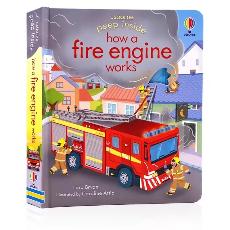 Usborne Peep Inside Come funziona un'autopompa dei pompieri, libri illustrati con alette 3D per bambini, lettura prima della notte, libri educativi Montessori in inglese