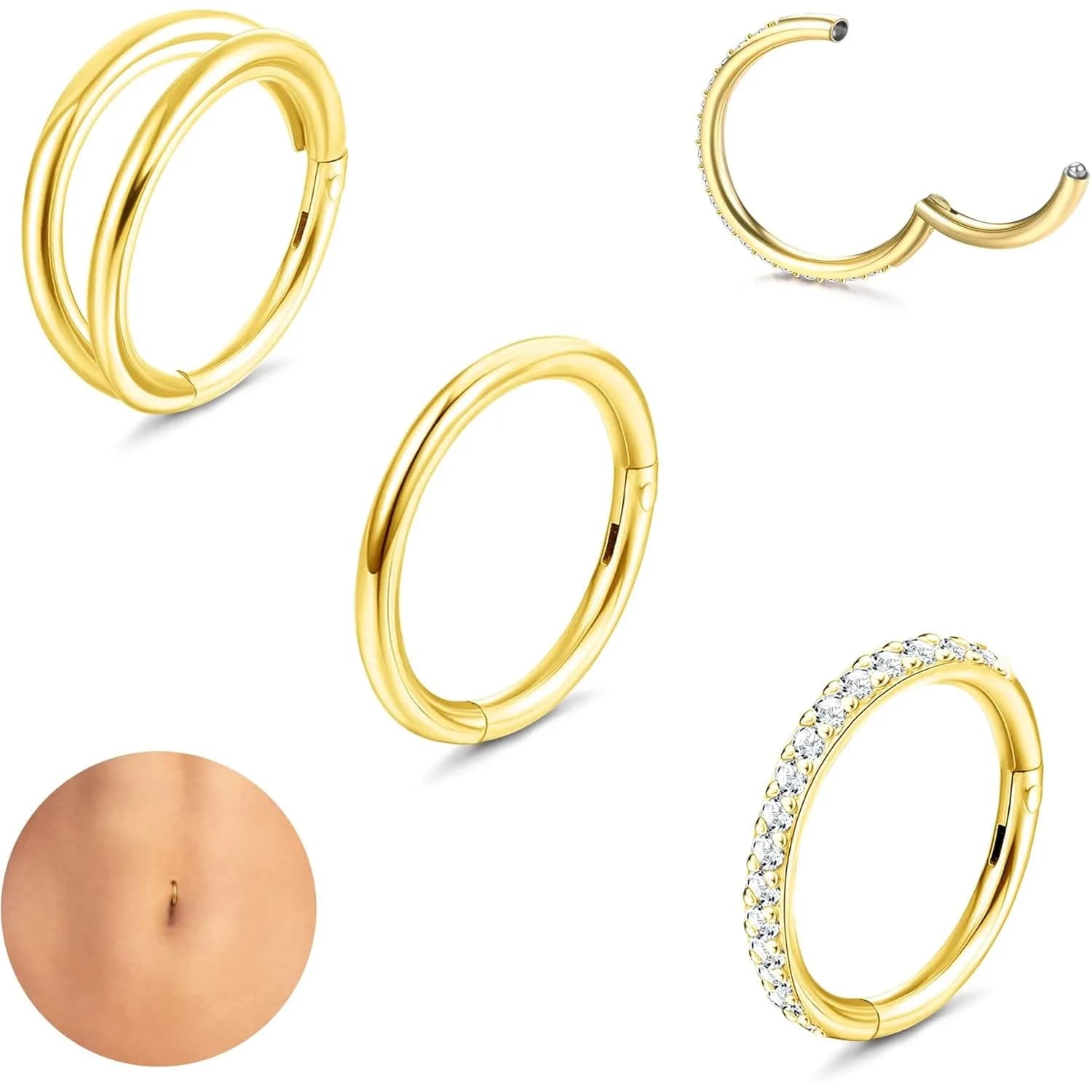 3 pezzi 14G anelli per ombelico per donna cerchio in acciaio chirurgico anelli per pancia 14K placcato oro CZ anello per ombelico Clicker gioielli penetranti