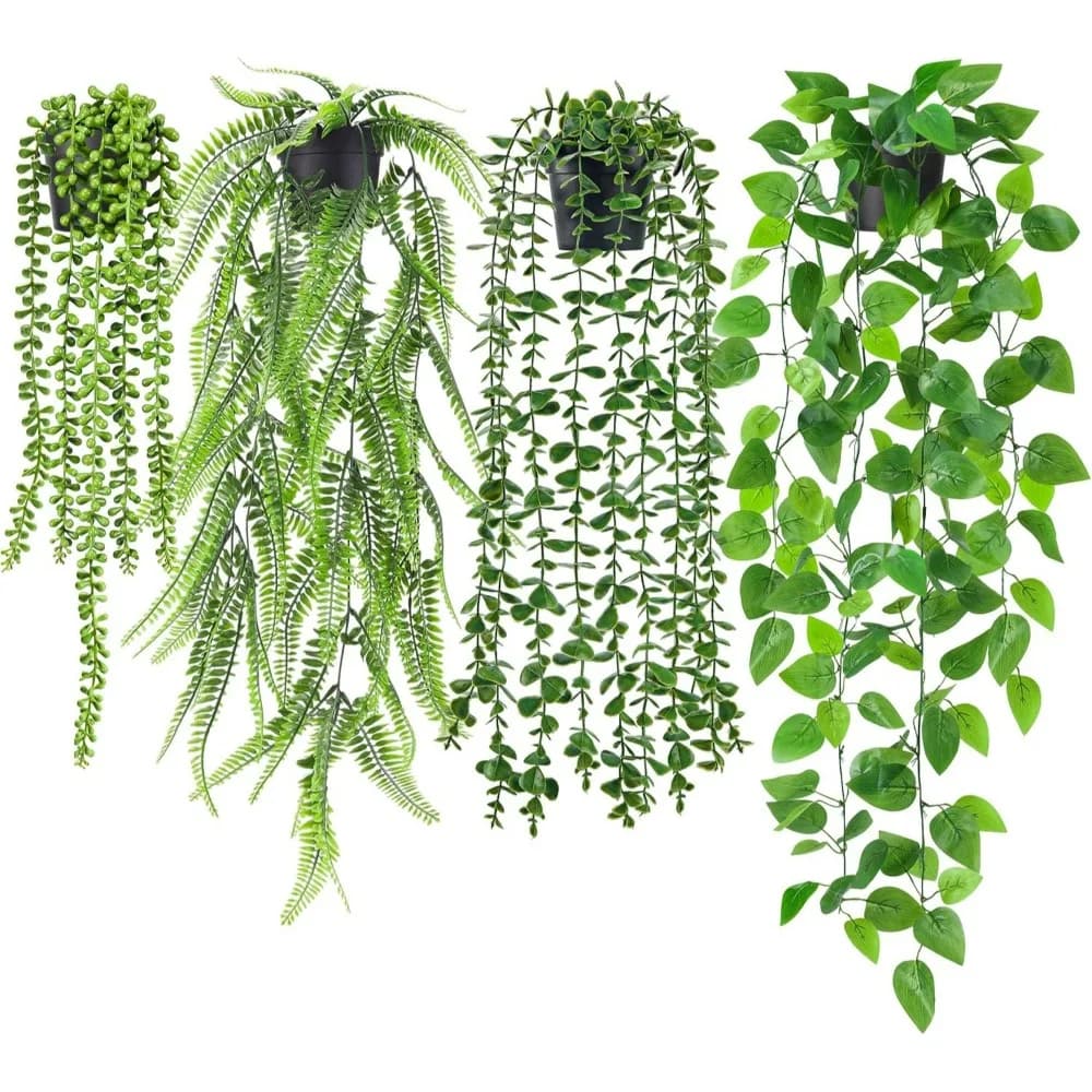 Set of 4 Artificial Plants Pendants: Edera, Eucalyptus, Boston Felt, String of Pearls for Interior and Outer Decorations
