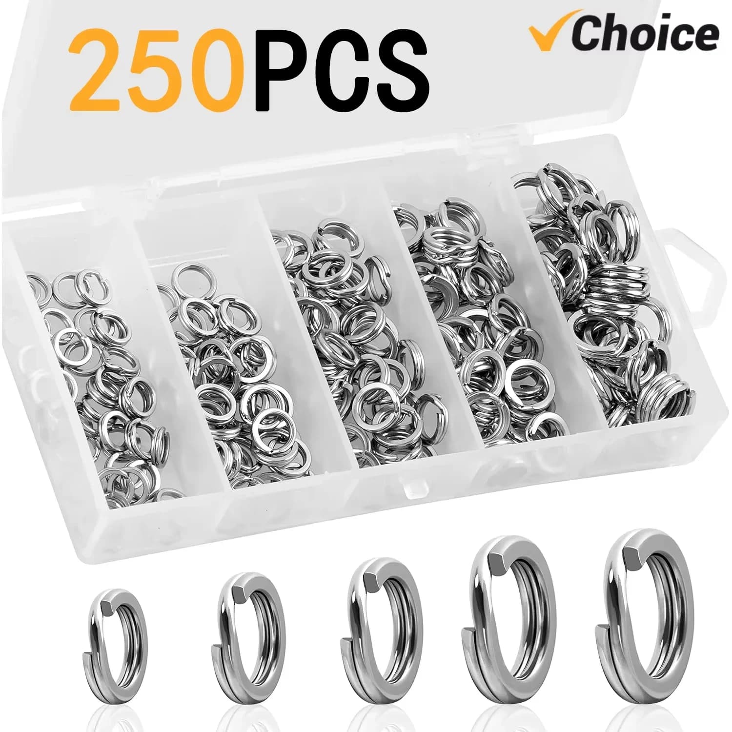 Set of 200/250 Stainless Steel Divisible Rings 5 Measures, High Strength, Large Traction Force, Esche Connectors, For Fishing Boxes