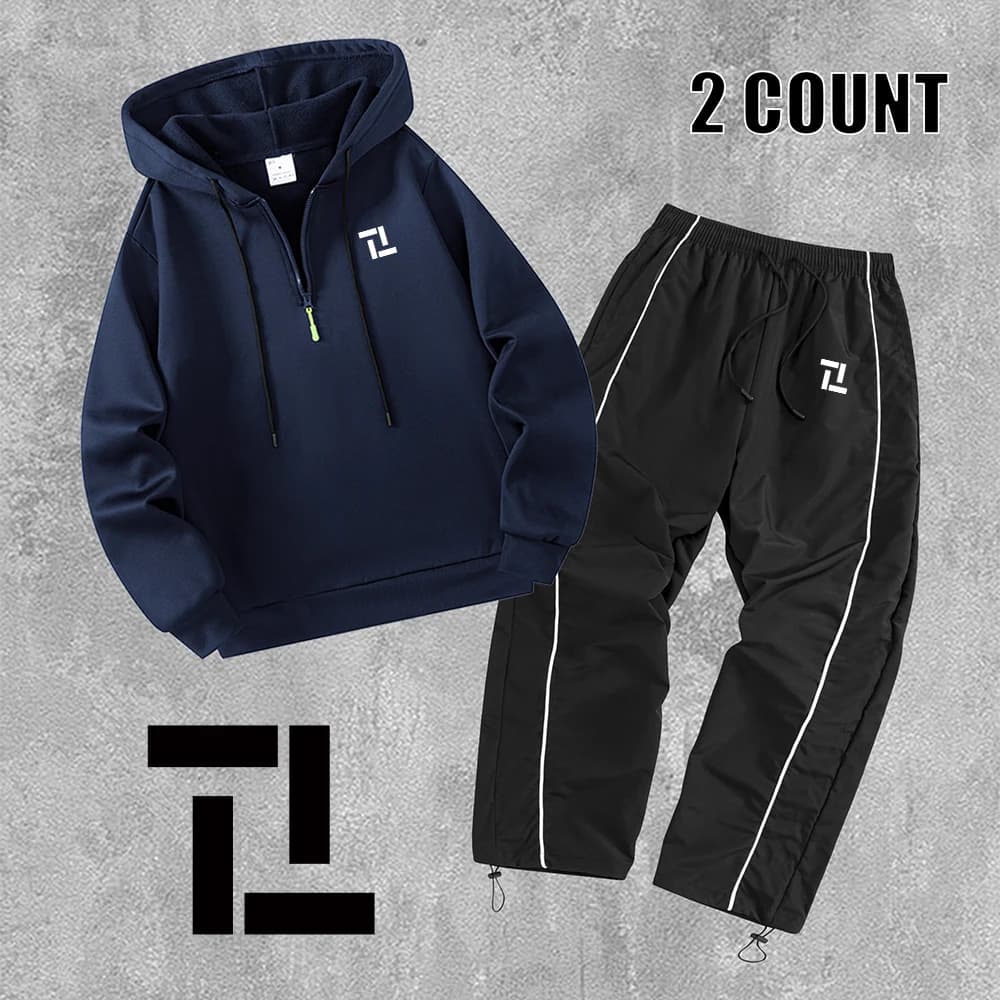 Men's Geometric Print Casual Set Half Zip Hoodie With Drawstring Trousers 2 Piece Set Spring And Autumn Running Sportswear