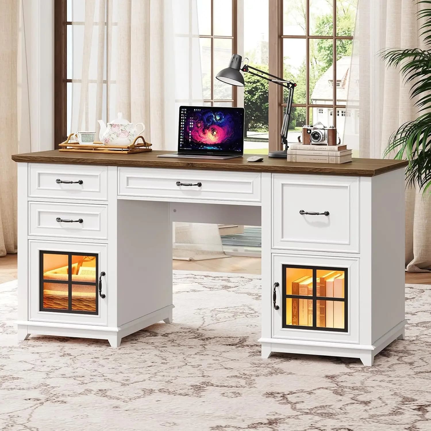 58" Executive Desk, Farmhouse Computer Desk with Drawers and File Cabinet, LED Light, Wooden Home Office Desks, Customized