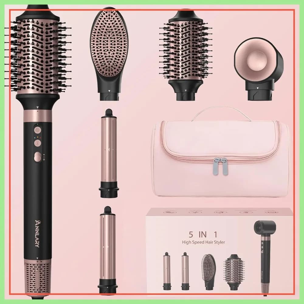 Styler ad aria calda ionico 5 in 1, spazzola asciugacapelli da 1400W, arricciacapelli automatici, spazzola piatta, borsa da viaggio