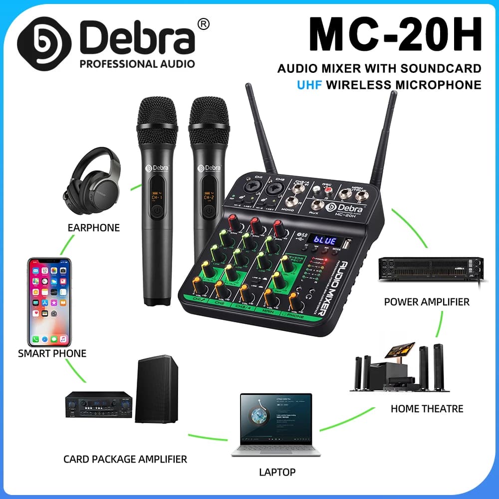 Console DJ Debra con Mixer Audio UHF, Scheda Audio, Microfono Wireless, Bluetooth 5.0 5V per Karaoke e Performance dal Vivo