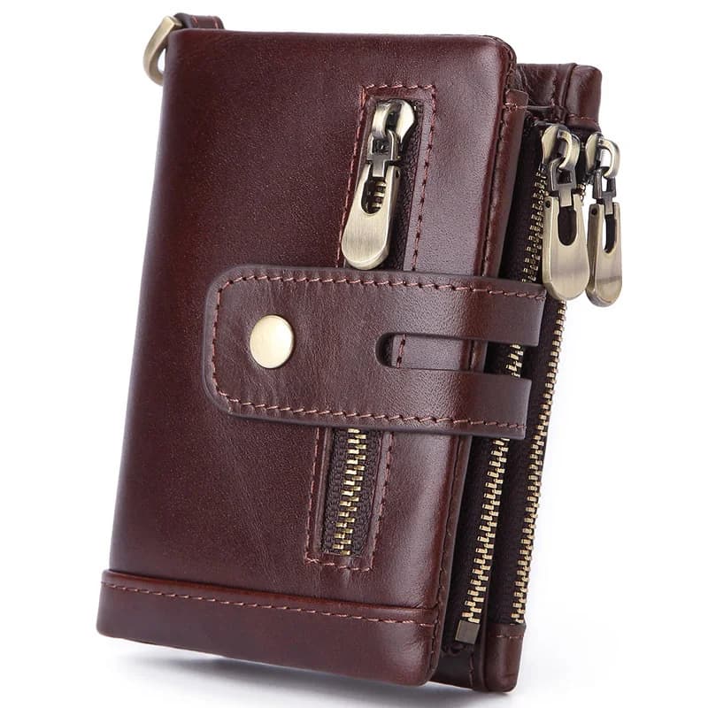 100% vera pelle RFID uomo portafogli in pelle di vacchetta portamonete piccolo mini porta carte catena PORtafOLIO Portomonee tasca portafoglio maschile